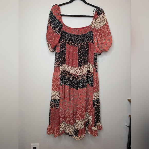 Forever 21 Boho Floral Patchwork Off Shoulder Midi Dress Women Medium Red Black - Picture 2 of 10